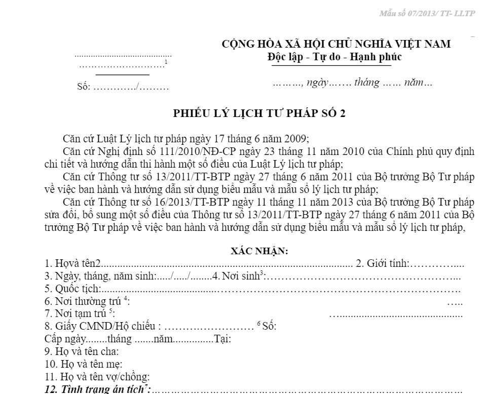 Phiếu lý lịch tư pháp số 2